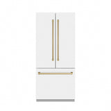 ZLINE Autograph Edition 36 in. 19.6 cu. ft. French Door Built-In Bottom Freezer Refrigerator with Water Dispenser and Ice Maker in White Matte with Stainless Steel Interior and Polished Gold Accents (SRBIVZ-WM-36-G)