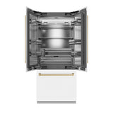 ZLINE Autograph Edition 36 in. 19.6 cu. ft. French Door Built-In Bottom Freezer Refrigerator with Water Dispenser and Ice Maker in White Matte with Stainless Steel Interior and Champagne Bronze Accents (SRBIVZ-WM-36-CB)