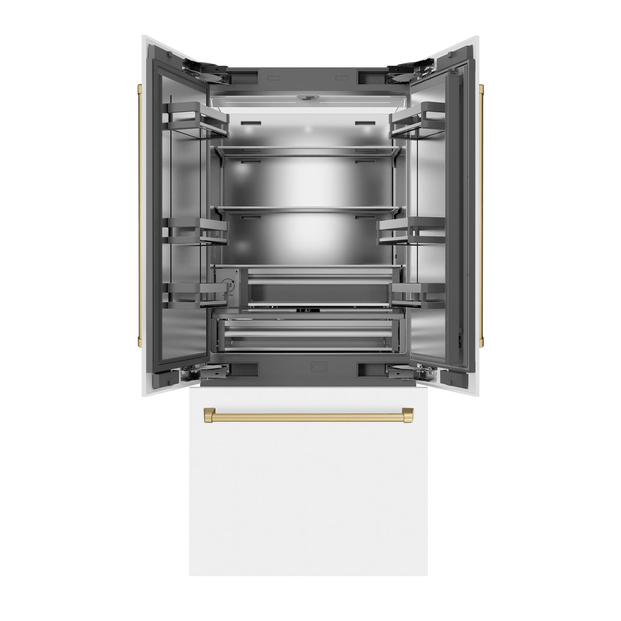 ZLINE Autograph Edition 36 in. 19.6 cu. ft. French Door Built-In Bottom Freezer Refrigerator with Water Dispenser and Ice Maker in White Matte with Stainless Steel Interior and Polished Gold Accents (SRBIVZ-WM-36-G)