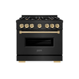 ZLINE Autograph Edition 36 in. 5.2 cu. ft. Classic Dual Fuel Range with 6 Burner Gas Cooktop and Electric Convection Oven in Black Stainless Steel with Polished Gold Accents (CDRBZ-36-G)