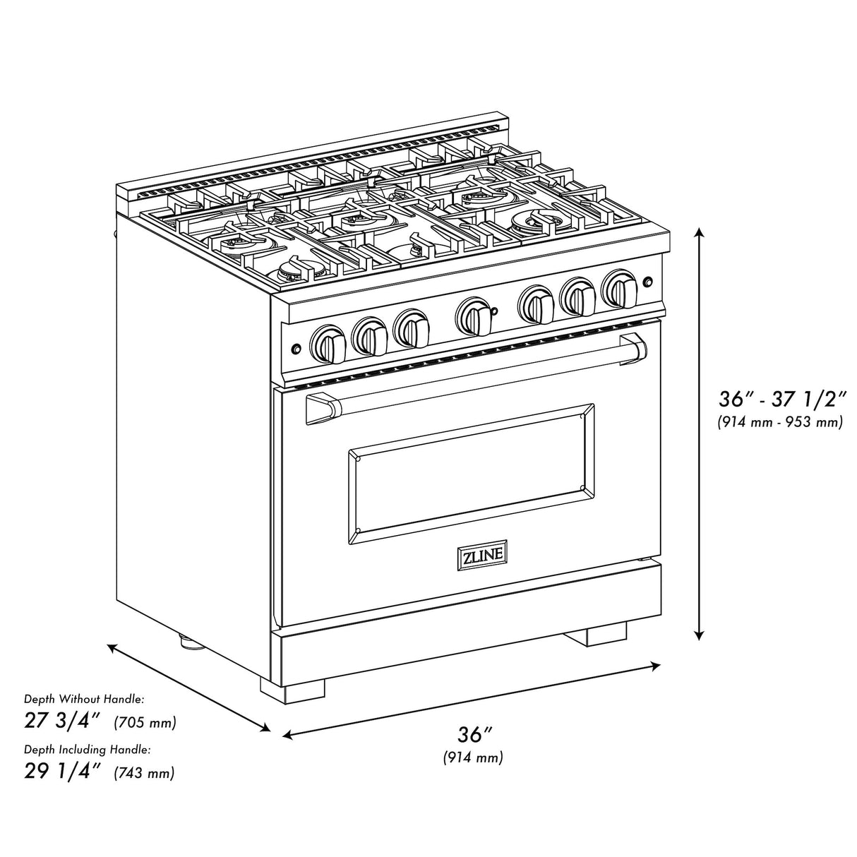 ZLINE 36 in. 5.2 cu. ft. Classic Gas Range with 6 Burner Cooktop and Convection Gas Oven in Satin Stainless Steel with Black Matte Door (CGRS-BLM-36)