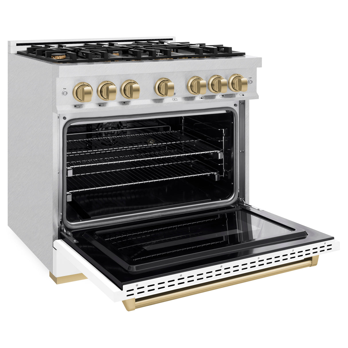 ZLINE Autograph Edition 36 in. 5.2 cu. ft. Classic Dual Fuel Range with 6 Burner Gas Cooktop and Electric Convection Oven in Satin Stainless Steel with White Matte Door and Champagne Bronze Accents (CDRSZ-WM-36-CB)