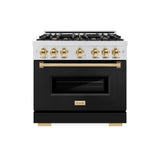 ZLINE Autograph Edition 36 in. 5.2 cu. ft. Classic Dual Fuel Range with 6 Burner Gas Cooktop and Electric Convection Oven in Satin Stainless Steel with Black Matte Door and Polished Gold Accents (CDRSZ-BLM-36-G)