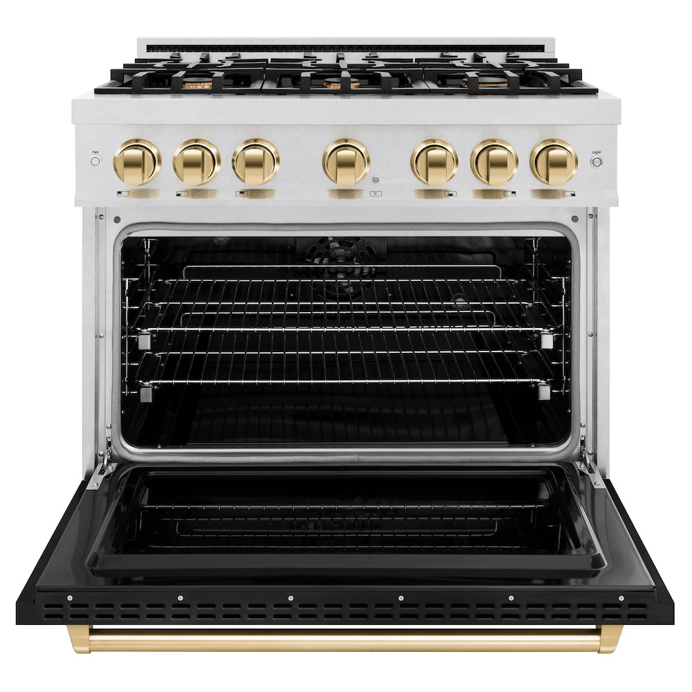 ZLINE Autograph Edition 36 in. 5.2 cu. ft. Classic Dual Fuel Range with 6 Burner Gas Cooktop and Electric Convection Oven in Satin Stainless Steel with Black Matte Door and Polished Gold Accents (CDRSZ-BLM-36-G)