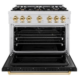 ZLINE Autograph Edition 36 in. 5.2 cu. ft. Classic Dual Fuel Range with 6 Burner Gas Cooktop and Electric Convection Oven in Satin Stainless Steel with Black Matte Door and Polished Gold Accents (CDRSZ-BLM-36-G)