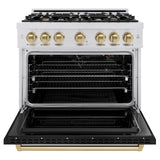 ZLINE Autograph Edition 36 in. 5.2 cu. ft. Classic Gas Range with 6 Burner Cooktop and Convection Gas Oven in Satin Stainless Steel with Black Matte Door and Champagne Bronze Accents (CGRSZ-BLM-36-CB)