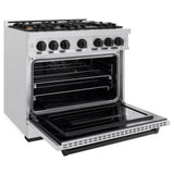 ZLINE Autograph Edition 36 in. 5.2 cu. ft. Classic Gas Range with 6 Burner Cooktop and Convection Gas Oven in Satin Stainless Steel and Matte Black Accents (CGRSZ-36-MB)