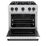 ZLINE Autograph Edition 30 in. 4.2 cu. ft. Classic Gas Range with 4 Burner Cooktop and Convection Gas Oven in Satin Stainless Steel with White Matte Door and Matte Black Accents (CGRSZ-WM-30-MB)