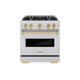 ZLINE Autograph Edition 30 in. 4.2 cu. ft. Classic Gas Range with 4 Burner Cooktop and Convection Gas Oven in Satin Stainless Steel and Polished Gold Accents (CGRSZ-30-G)
