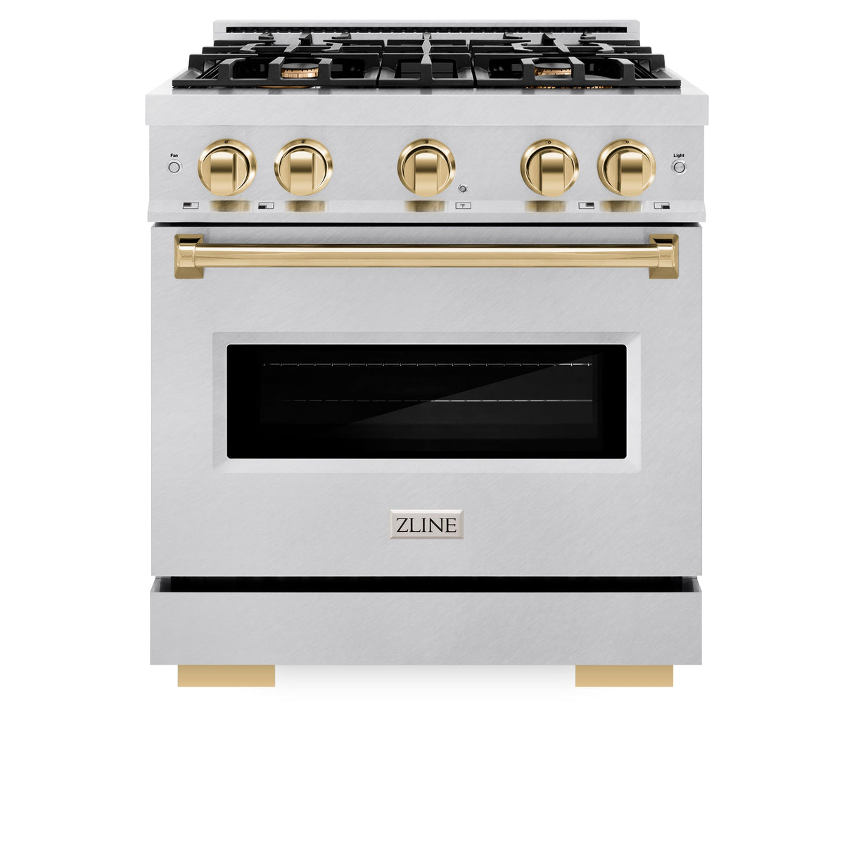 ZLINE Autograph Edition 30 in. 4.2 cu. ft. Classic Gas Range with 4 Burner Cooktop and Convection Gas Oven in Satin Stainless Steel and Polished Gold Accents (CGRSZ-30-G)