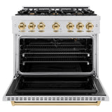ZLINE Autograph Edition 36 in. 5.2 cu. ft. Classic Gas Range with 6 Burner Cooktop and Convection Gas Oven in Satin Stainless Steel and Polished Gold Accents (CGRSZ-36-G)