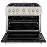 ZLINE Autograph Edition 36 in. 5.2 cu. ft. Classic Gas Range with 6 Burner Cooktop and Convection Gas Oven in Satin Stainless Steel with Black Matte Door and Polished Gold Accents (CGRSZ-BLM-36-G)