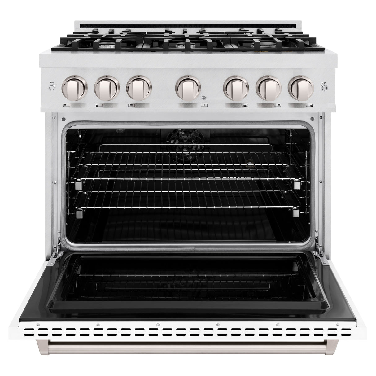 ZLINE 36 in. 5.2 cu. ft. Classic Dual Fuel Range with 6 Burner Gas Cooktop and Electric Convection Oven in Satin Stainless Steel with White Matte Door (CDRS-WM-36)