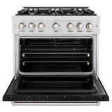 ZLINE 36 in. 5.2 cu. ft. Classic Dual Fuel Range with 6 Burner Gas Cooktop and Electric Convection Oven in Satin Stainless Steel with Black Matte Door (CDRS-BLM-36)