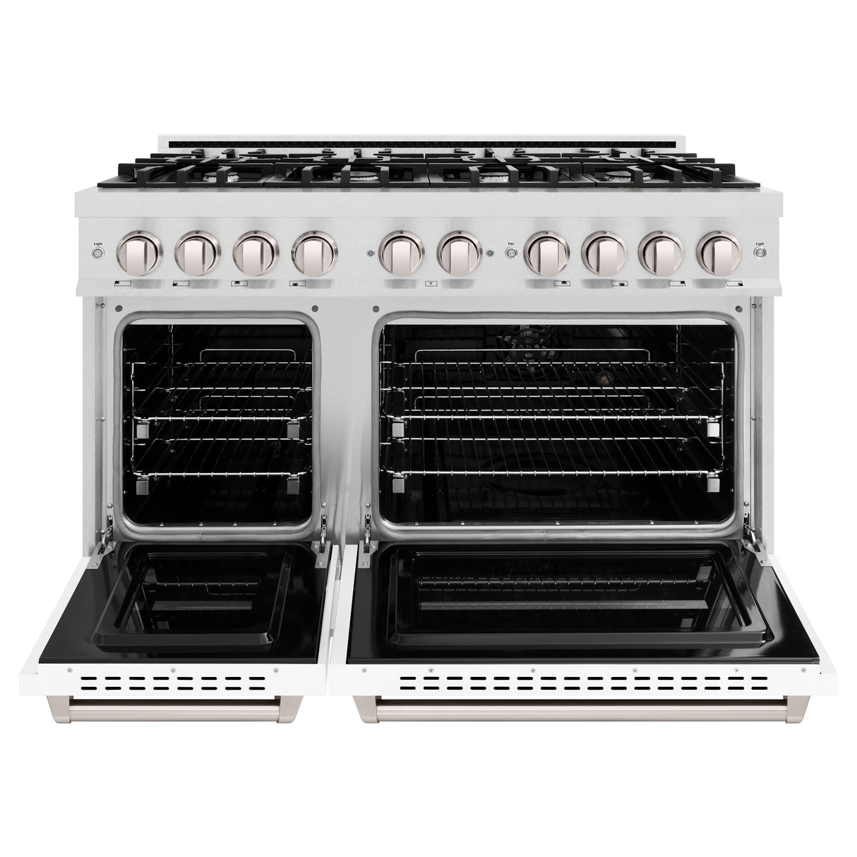 ZLINE 48 in. 6.7 cu. ft. Classic Double Oven Dual Fuel Range with 8 Burner Gas Cooktop in Satin Stainless Steel with White Matte Doors (CDRS-WM-48)