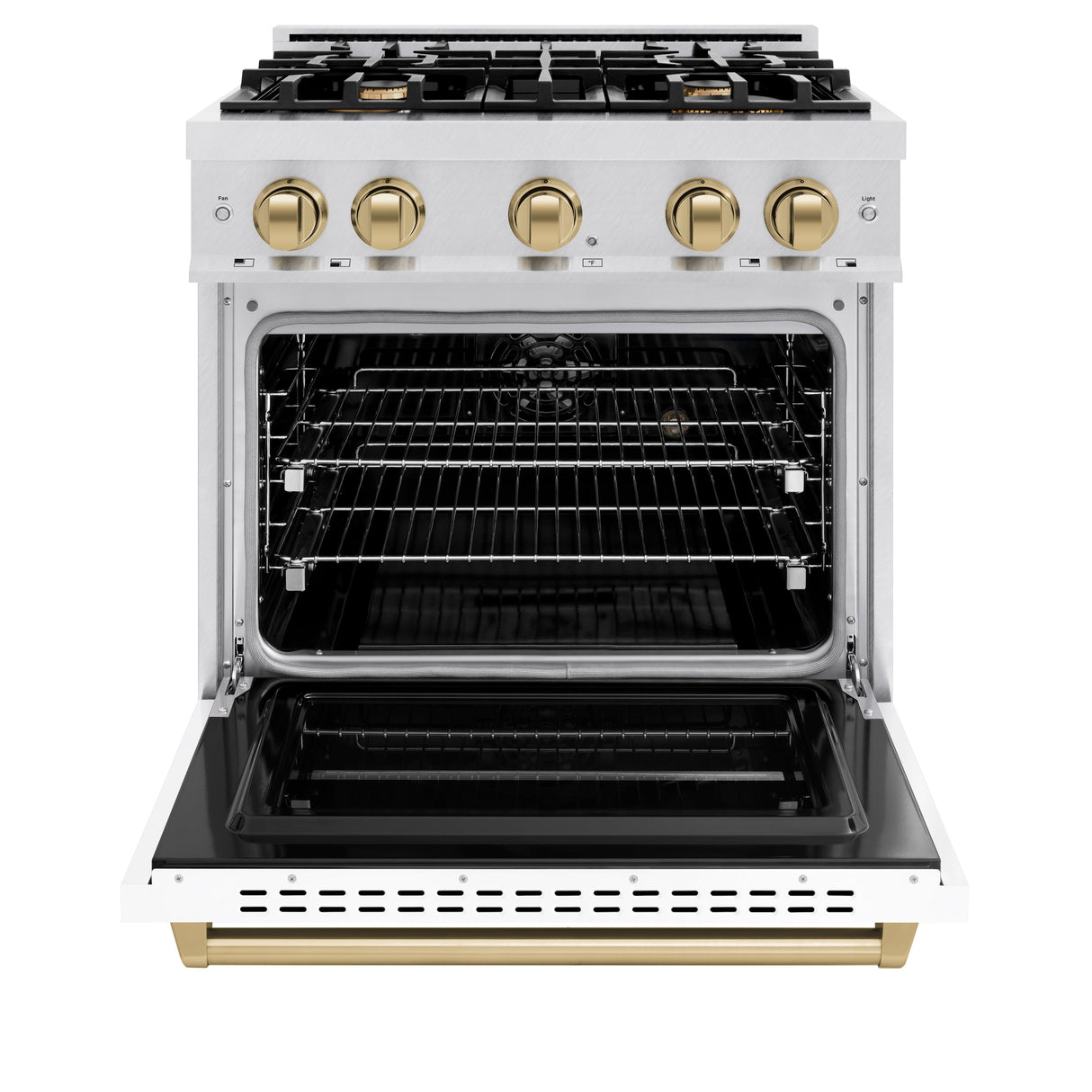 ZLINE Autograph Edition 30 in. 4.2 cu. ft. Classic Dual Fuel Range with 4 Burner Gas Cooktop and Electric Convection Oven in Satin Stainless Steel with White Matte Door and Polished Gold Accents (CDRSZ-WM-30-G)