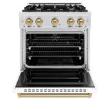 ZLINE Autograph Edition 30 in. 4.2 cu. ft. Classic Dual Fuel Range with 4 Burner Gas Cooktop and Electric Convection Oven in Satin Stainless Steel with White Matte Door and Polished Gold Accents (CDRSZ-WM-30-G)