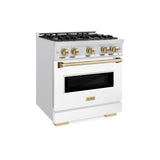 ZLINE Autograph Edition 30 in. 4.2 cu. ft. Classic Dual Fuel Range with 4 Burner Gas Cooktop and Electric Convection Oven in Satin Stainless Steel with White Matte Door and Polished Gold Accents (CDRSZ-WM-30-G)