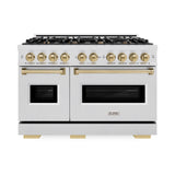 ZLINE Autograph Edition 48 in. 6.7 cu. ft. Classic Double Oven Dual Fuel Range with 8 Burner Gas Cooktop in Satin Stainless Steel and Champagne Bronze Accents (CDRSZ-48-CB)