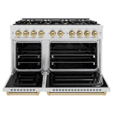 ZLINE Autograph Edition 48 in. 6.7 cu. ft. Classic Double Oven Dual Fuel Range with 8 Burner Gas Cooktop in Satin Stainless Steel and Champagne Bronze Accents (CDRSZ-48-CB)