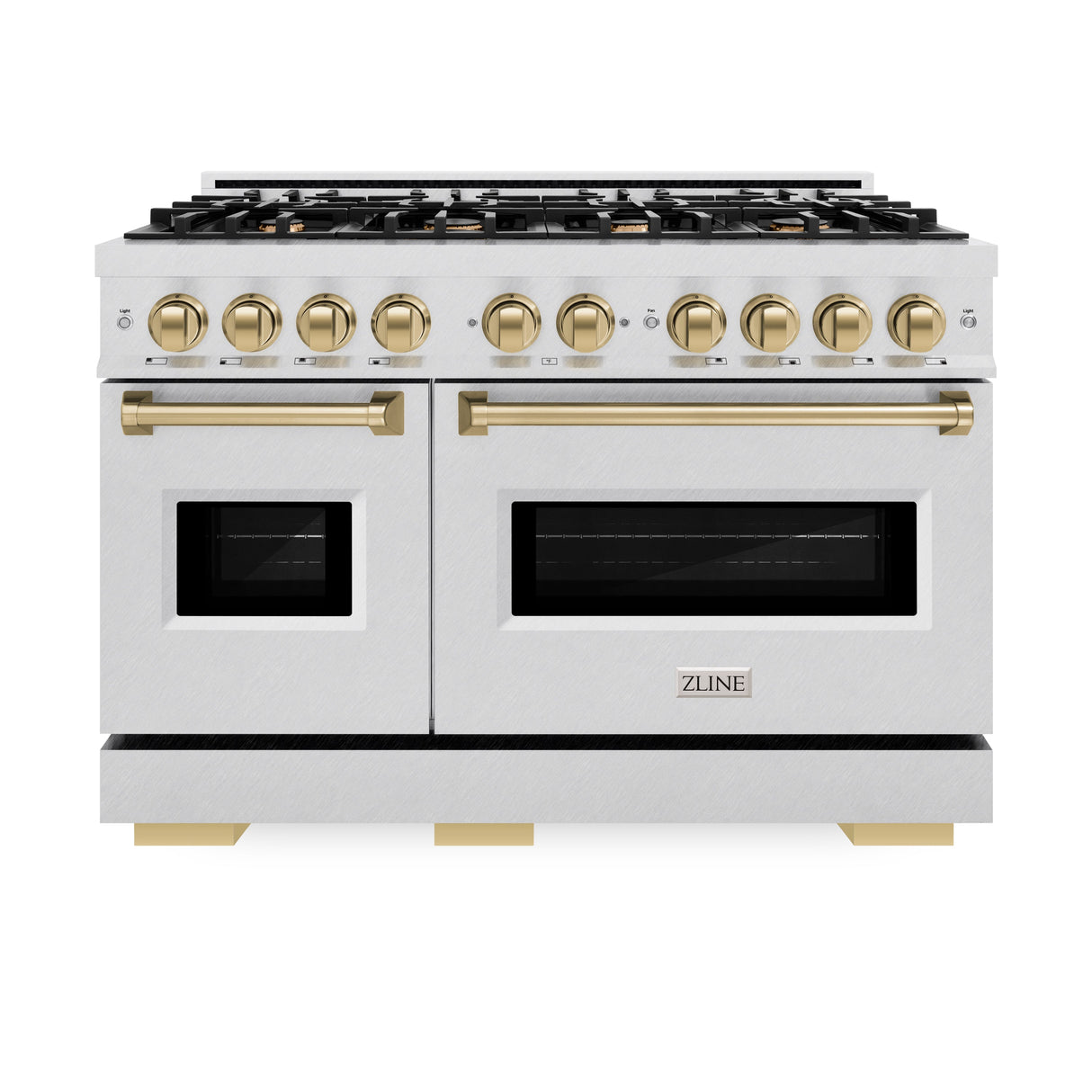 ZLINE Autograph Edition 48 in. 6.7 cu. ft. Classic Double Oven Dual Fuel Range with 8 Burner Gas Cooktop in Satin Stainless Steel and Champagne Bronze Accents (CDRSZ-48-CB)