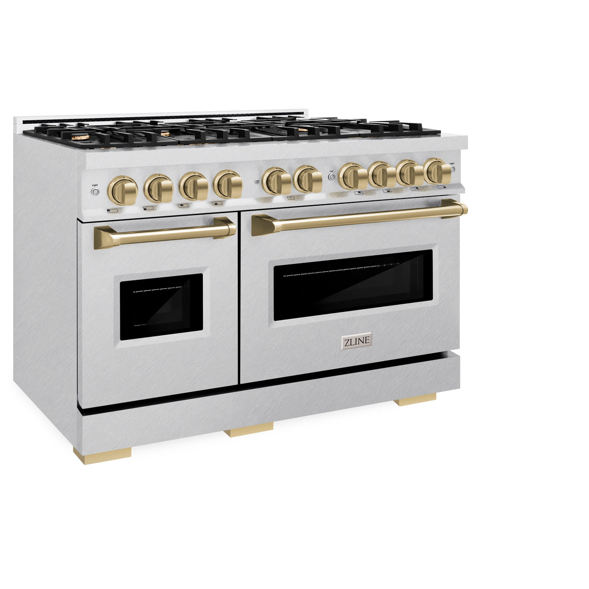 ZLINE Autograph Edition 48 in. 6.7 cu. ft. Classic Double Oven Dual Fuel Range with 8 Burner Gas Cooktop in Satin Stainless Steel and Champagne Bronze Accents (CDRSZ-48-CB)