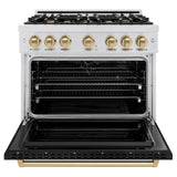ZLINE Autograph Edition 36 in. 5.2 cu. ft. Classic Dual Fuel Range with 6 Burner Gas Cooktop and Electric Convection Oven in Satin Stainless Steel with Black Matte Door and Champagne Bronze Accents (CDRSZ-BLM-36-CB)