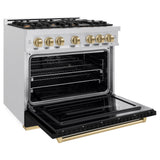 ZLINE Autograph Edition 36 in. 5.2 cu. ft. Classic Dual Fuel Range with 6 Burner Gas Cooktop and Electric Convection Oven in Satin Stainless Steel with Black Matte Door and Champagne Bronze Accents (CDRSZ-BLM-36-CB)