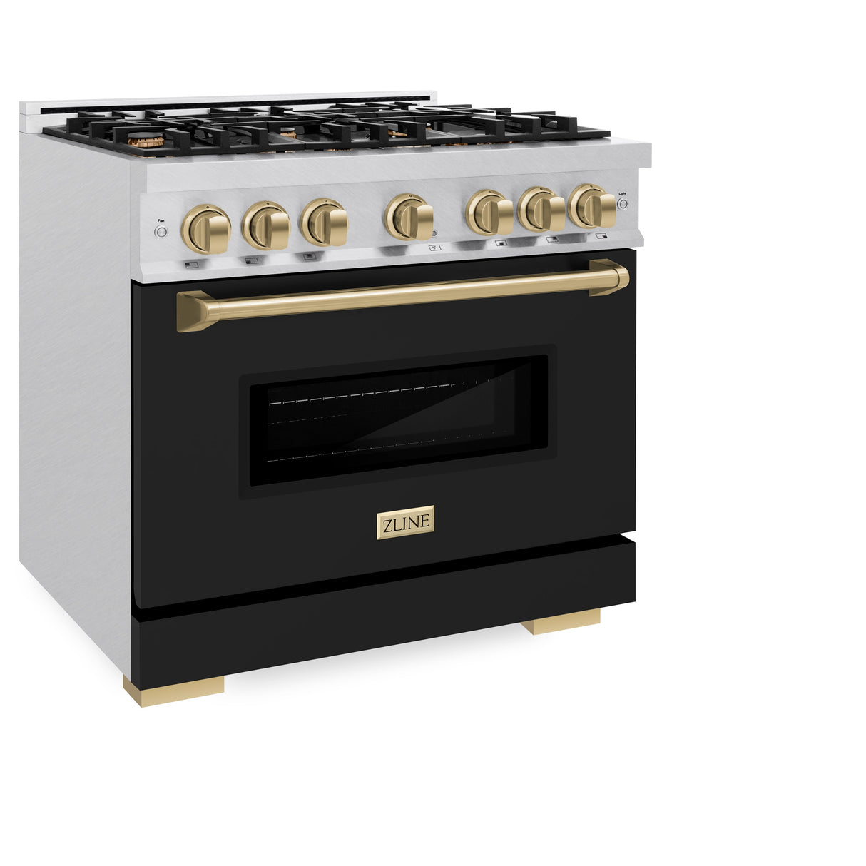 ZLINE Autograph Edition 36 in. 5.2 cu. ft. Classic Dual Fuel Range with 6 Burner Gas Cooktop and Electric Convection Oven in Satin Stainless Steel with Black Matte Door and Champagne Bronze Accents (CDRSZ-BLM-36-CB)