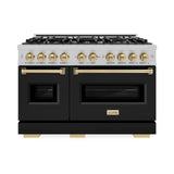 ZLINE Autograph Edition 48 in. 6.7 cu. ft. Classic Double Oven Dual Fuel Range with 8 Burner Gas Cooktop in Satin Stainless Steel with Black Matte Doors and Champagne Bronze Accents (CDRSZ-BLM-48-CB)
