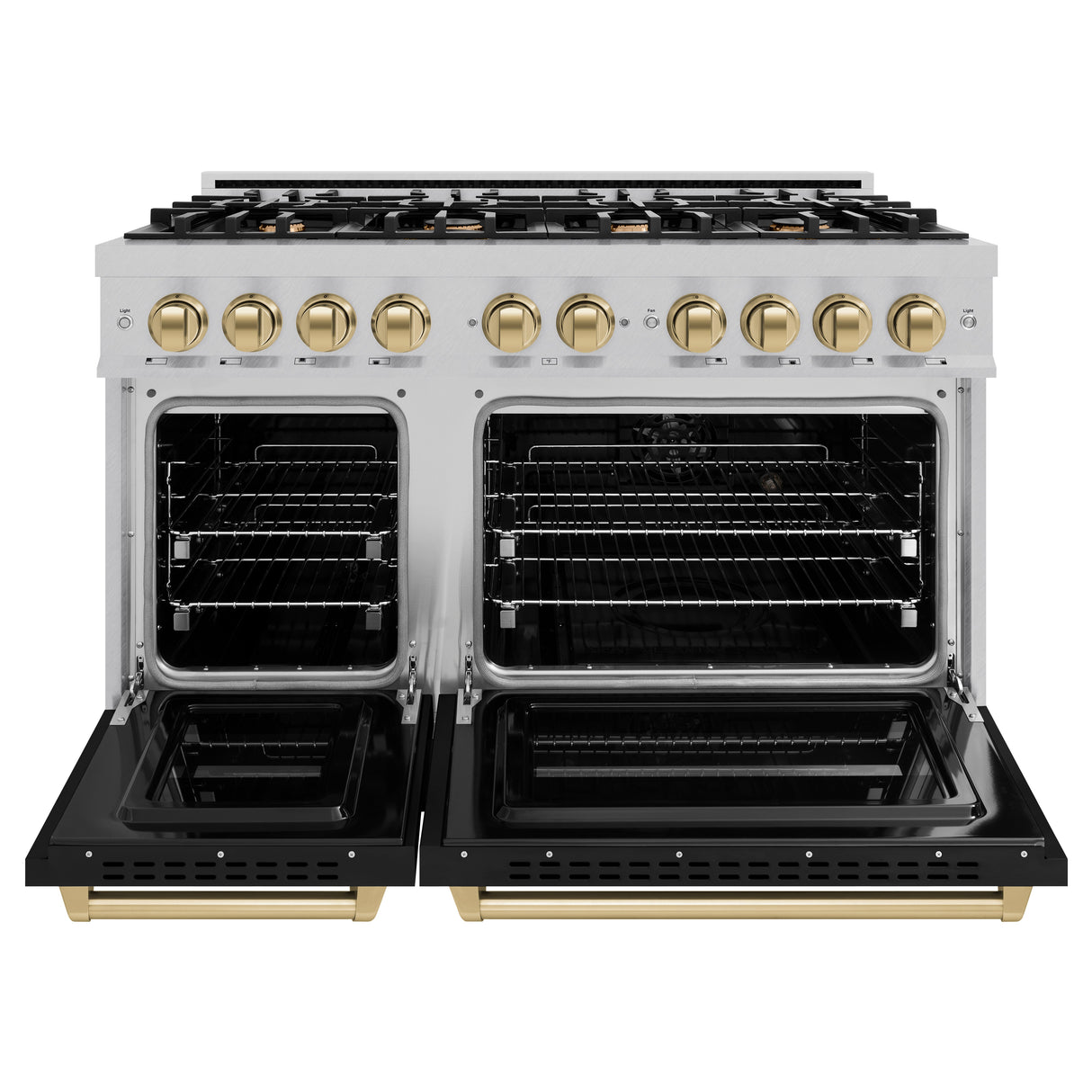 ZLINE Autograph Edition 48 in. 6.7 cu. ft. Classic Double Oven Dual Fuel Range with 8 Burner Gas Cooktop in Satin Stainless Steel with Black Matte Doors and Champagne Bronze Accents (CDRSZ-BLM-48-CB)