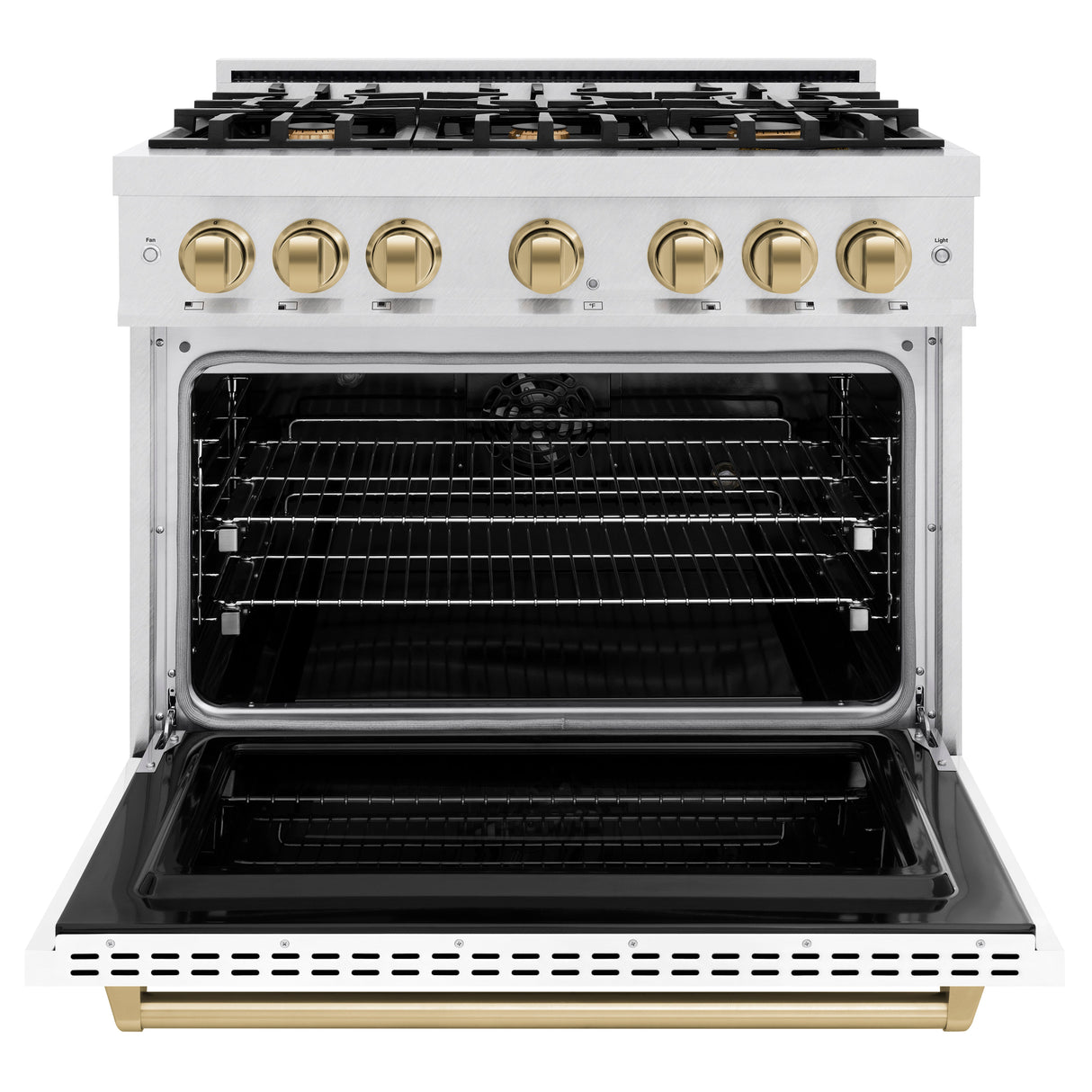 ZLINE Autograph Edition 36 in. 5.2 cu. ft. Classic Dual Fuel Range with 6 Burner Gas Cooktop and Electric Convection Oven in Satin Stainless Steel with White Matte Door and Champagne Bronze Accents (CDRSZ-WM-36-CB)