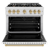 ZLINE Autograph Edition 36 in. 5.2 cu. ft. Classic Dual Fuel Range with 6 Burner Gas Cooktop and Electric Convection Oven in Satin Stainless Steel with White Matte Door and Champagne Bronze Accents (CDRSZ-WM-36-CB)