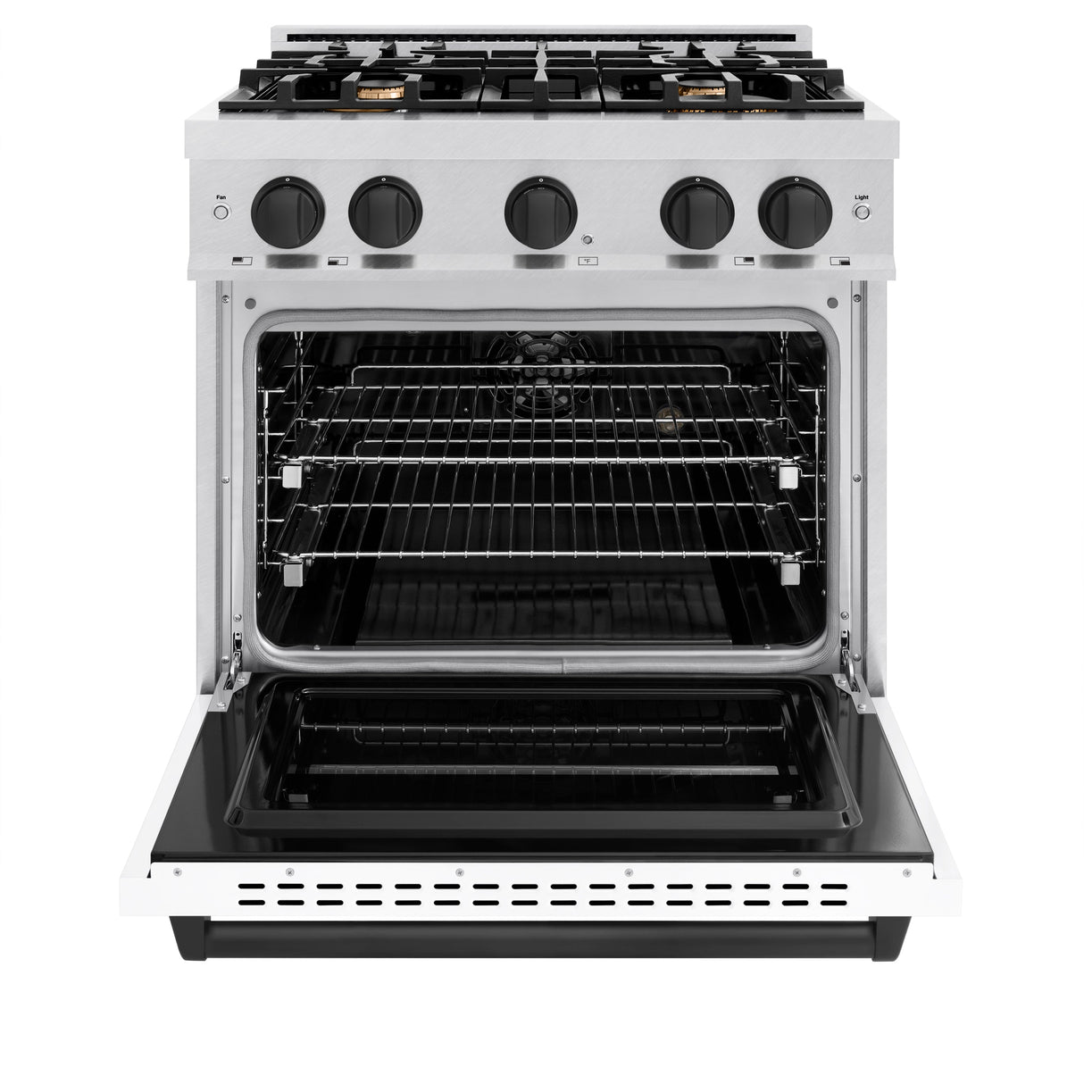 ZLINE Autograph Edition 30 in. 4.2 cu. ft. Classic Dual Fuel Range with 4 Burner Gas Cooktop and Electric Convection Oven in Satin Stainless Steel with White Matte Door and Matte Black Accents (CDRSZ-WM-30-MB)