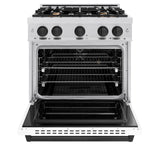 ZLINE Autograph Edition 30 in. 4.2 cu. ft. Classic Dual Fuel Range with 4 Burner Gas Cooktop and Electric Convection Oven in Satin Stainless Steel with White Matte Door and Matte Black Accents (CDRSZ-WM-30-MB)