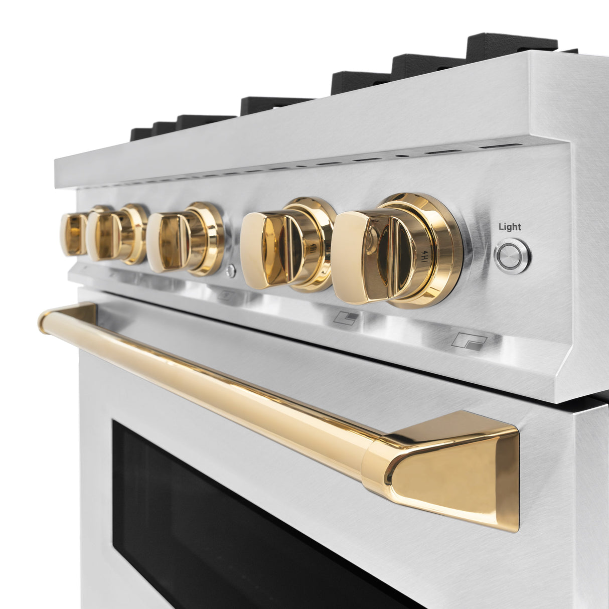 ZLINE Autograph Edition 30 in. 4.2 cu. ft. Classic Dual Fuel Range with 4 Burner Gas Cooktop and Electric Convection Oven in Satin Stainless Steel with Polished Gold Accents (CDRSZ-30-G)