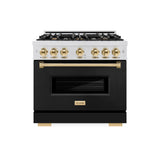 ZLINE Autograph Edition 36 in. 5.2 cu. ft. Classic Dual Fuel Range with 6 Burner Gas Cooktop and Electric Convection Oven in Satin Stainless Steel with Black Matte Door and Polished Gold Accents (CDRSZ-BLM-36-G)