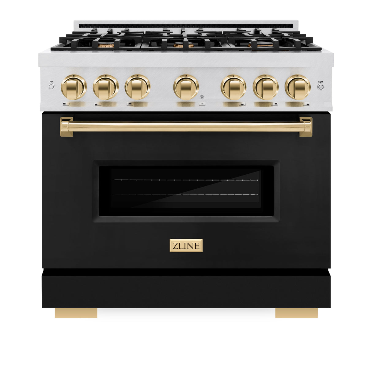 ZLINE Autograph Edition 36 in. 5.2 cu. ft. Classic Dual Fuel Range with 6 Burner Gas Cooktop and Electric Convection Oven in Satin Stainless Steel with Black Matte Door and Polished Gold Accents (CDRSZ-BLM-36-G)