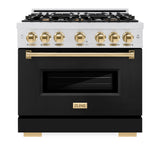 ZLINE Autograph Edition 36 in. 5.2 cu. ft. Classic Dual Fuel Range with 6 Burner Gas Cooktop and Electric Convection Oven in Satin Stainless Steel with Black Matte Door and Polished Gold Accents (CDRSZ-BLM-36-G)