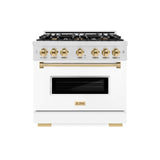 ZLINE Autograph Edition 36 in. 5.2 cu. ft. Classic Dual Fuel Range with 6 Burner Gas Cooktop and Electric Convection Oven in Satin Stainless Steel with White Matte Door and Polished Gold Accents (CDRSZ-WM-36-G)