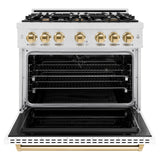 ZLINE Autograph Edition 36 in. 5.2 cu. ft. Classic Dual Fuel Range with 6 Burner Gas Cooktop and Electric Convection Oven in Satin Stainless Steel with White Matte Door and Polished Gold Accents (CDRSZ-WM-36-G)