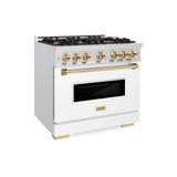 ZLINE Autograph Edition 36 in. 5.2 cu. ft. Classic Dual Fuel Range with 6 Burner Gas Cooktop and Electric Convection Oven in Satin Stainless Steel with White Matte Door and Polished Gold Accents (CDRSZ-WM-36-G)