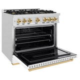 ZLINE Autograph Edition 36 in. 5.2 cu. ft. Classic Dual Fuel Range with 6 Burner Gas Cooktop and Electric Convection Oven in Satin Stainless Steel with White Matte Door and Polished Gold Accents (CDRSZ-WM-36-G)