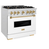 ZLINE Autograph Edition 36 in. 5.2 cu. ft. Classic Dual Fuel Range with 6 Burner Gas Cooktop and Electric Convection Oven in Satin Stainless Steel with White Matte Door and Polished Gold Accents (CDRSZ-WM-36-G)