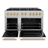 ZLINE Autograph Edition 48 in. 6.7 cu. ft. Classic Double Oven Dual Fuel Range with 8 Burner Gas Cooktop in Satin Stainless Steel with White Matte Doors and Polished Gold Accents (CDRSZ-WM-48-G)