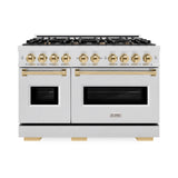 ZLINE Autograph Edition 48 in. 6.7 cu. ft. Classic Double Oven Dual Fuel Range with 8 Burner Gas Cooktop in Satin Stainless Steel and Polished Gold Accents (CDRSZ-48-G)