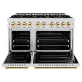 ZLINE Autograph Edition 48 in. 6.7 cu. ft. Classic Double Oven Dual Fuel Range with 8 Burner Gas Cooktop in Satin Stainless Steel and Polished Gold Accents (CDRSZ-48-G)