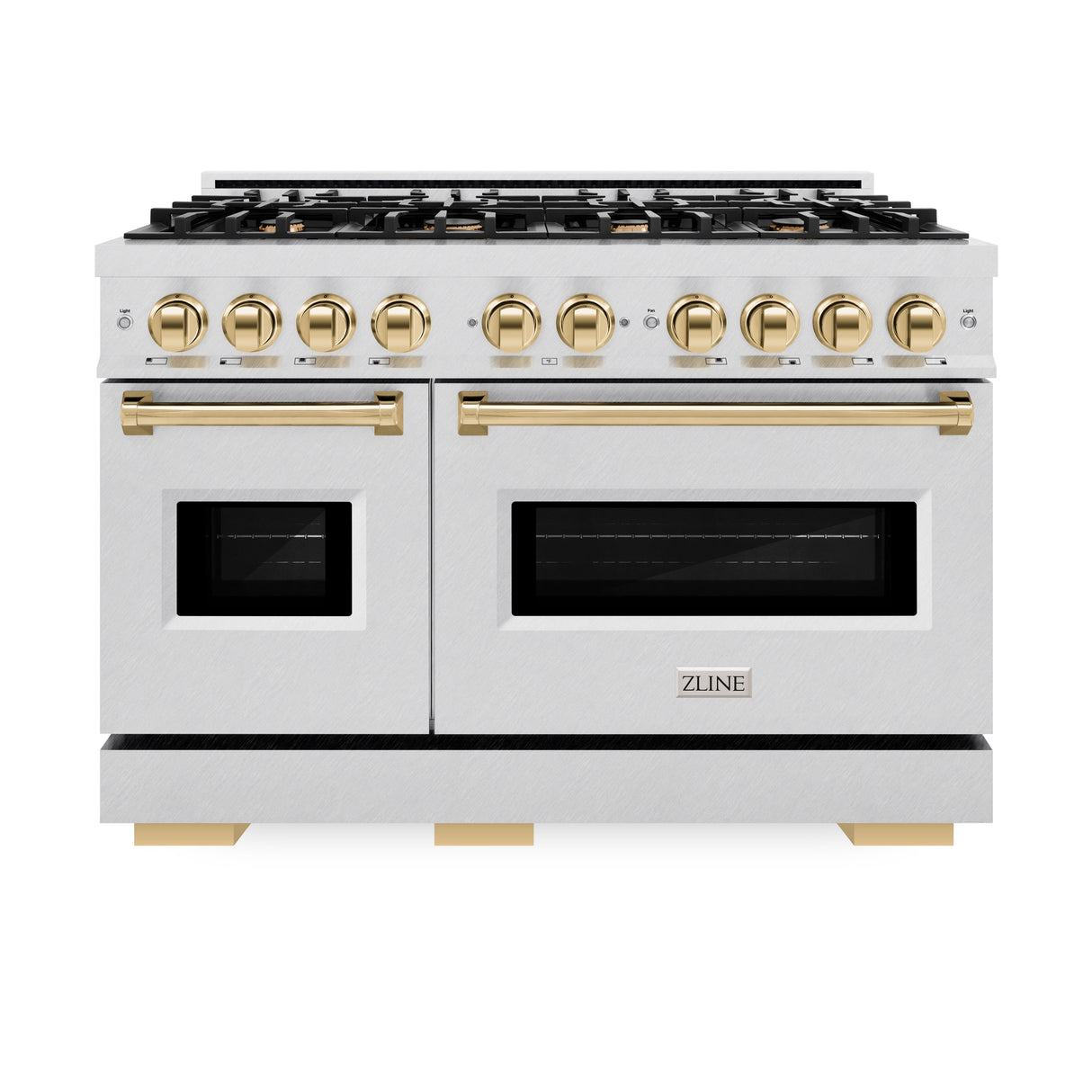 ZLINE Autograph Edition 48 in. 6.7 cu. ft. Classic Double Oven Dual Fuel Range with 8 Burner Gas Cooktop in Satin Stainless Steel and Polished Gold Accents (CDRSZ-48-G)