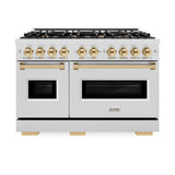 ZLINE Autograph Edition 48 in. 6.7 cu. ft. Classic Double Oven Dual Fuel Range with 8 Burner Gas Cooktop in Satin Stainless Steel and Polished Gold Accents (CDRSZ-48-G)