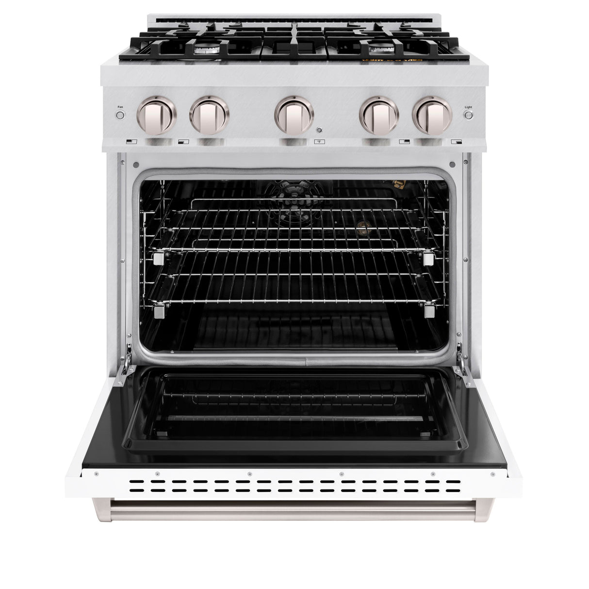 ZLINE 30 in. 4.2 cu. ft. Classic Gas Range with 4 Burner Cooktop and Convection Gas Oven in Satin Stainless Steel with White Matte Door (CGRS-WM-30)